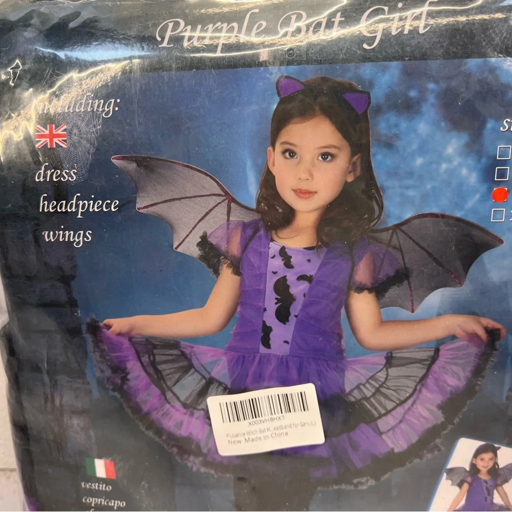 NWT Girls Bat Witch Costume Halloween‎ Cosplay Fancy Dress Up with Bat Wings L
